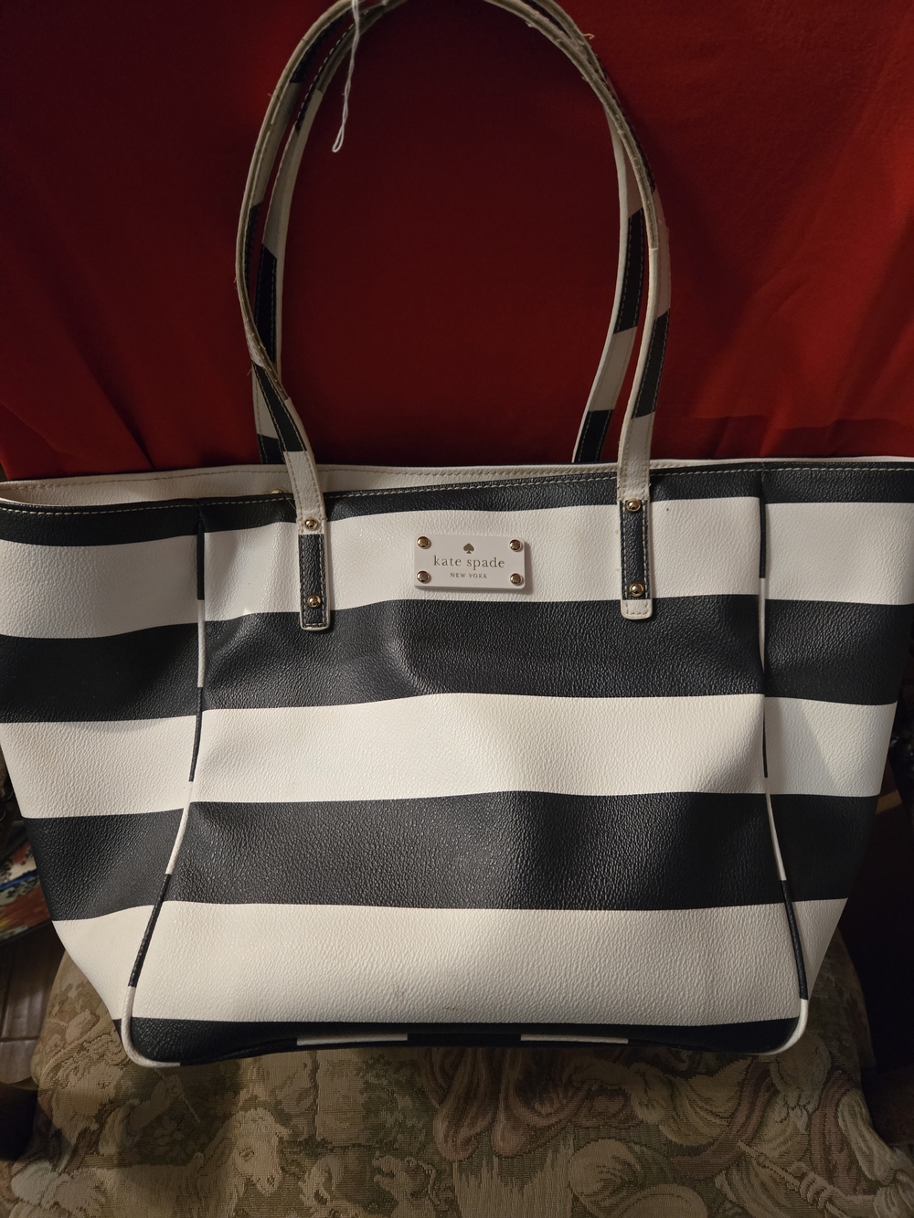 kate spade Black and White Striped Tote with Logo Plate
